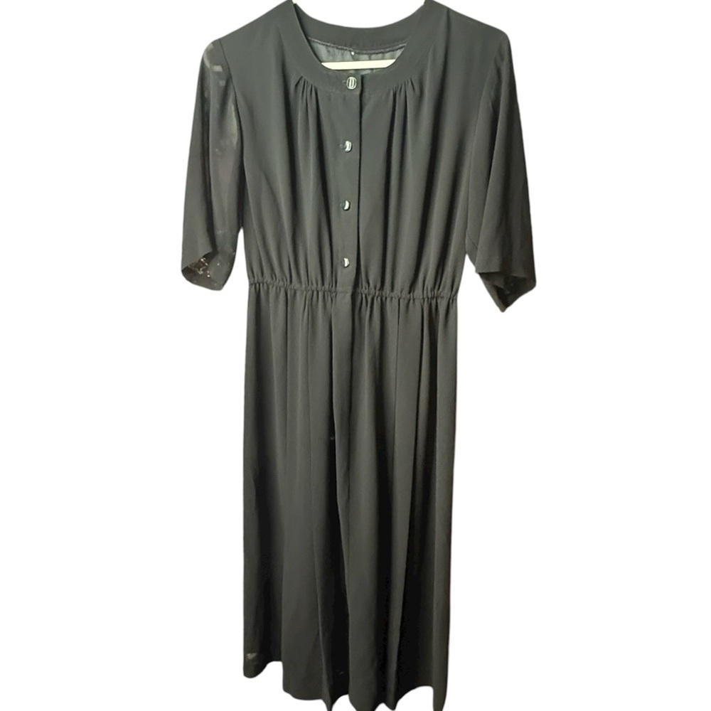 Minimalist Black Sheer Short Sleeve Button-Front Popover Midi Dress